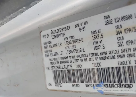 2001 Dodge Ram 2500 St z USA, uszkodzony, nr VIN 1B7KC23611J617172